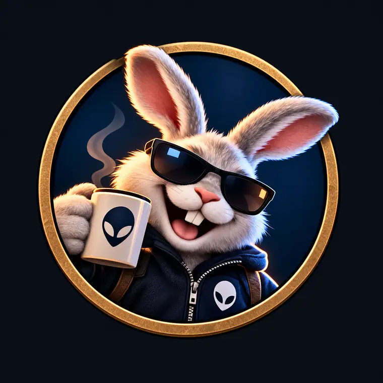 Caffeinated Rabbit wearing sunglasses and holding coffee